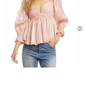 Entro Iridescent Pink Ruched Peplum Babydoll Blouse 3/4 Sleeve New With Tags